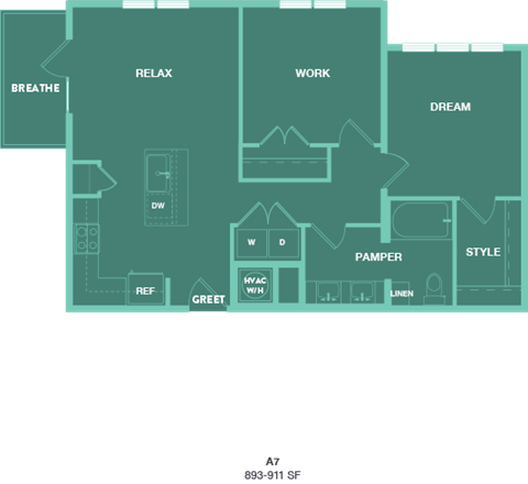 A floor plan of a house with labeled rooms such as RELAX, WORK, and DREAM.